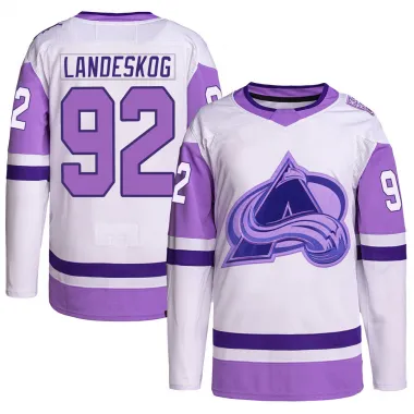 White/Purple Men's Gabriel Landeskog Authentic Colorado Avalanche Hockey Fights Cancer Primegreen Jersey
