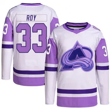 White/Purple Youth Patrick Roy Authentic Colorado Avalanche Hockey Fights Cancer Primegreen Jersey