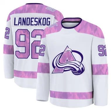 White Youth Gabriel Landeskog Premium Colorado Avalanche 2024 Hockey Fights Cancer Practice Jersey